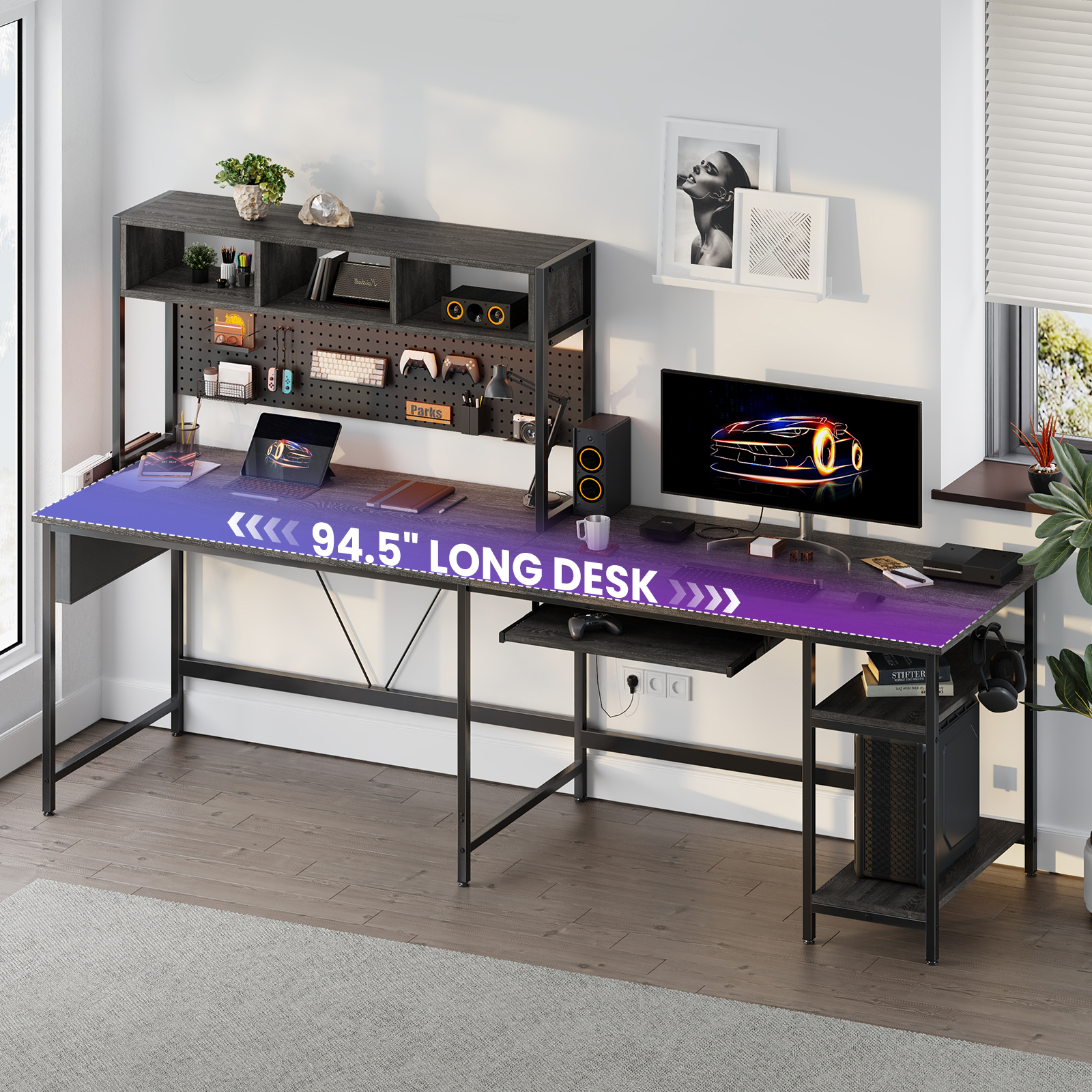 CONCETTA 67" Modern L-Shaped Gaming Desk with LED Lights and Power Outlets, Computer Desk with Drawer, Keyboard Tray for Monitors, Black
