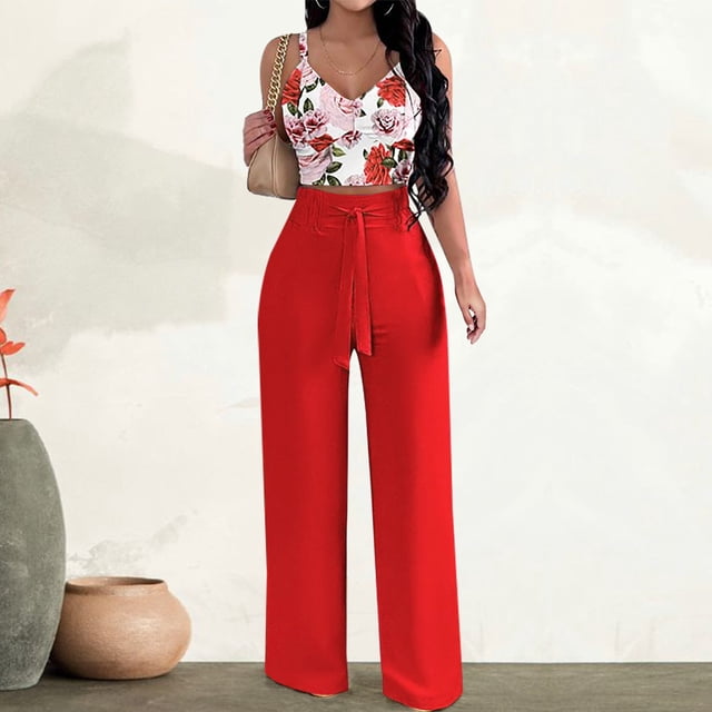 Fankiway Ensemble Mode Femmes Été Col Rond Imprimé Décontracté Sans Manches Haut+ Pantalon Vêtements d'Entraînement Femmes Ensembles