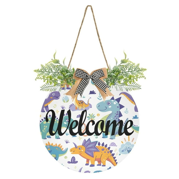 Cute Cartoon Dinosaurs Welcome Sign for Front Door Wreath Door Sign for Farmhouse Porch Decoration Indoor Outdoor
