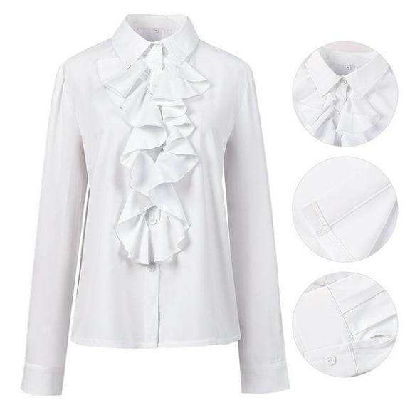 PXLKNZH Womens Button Down Pleated Shirt Casual Renaissance Medieval Long Sleeves Loose Fit Classic Collared Blouses Fasion Boho Top White,L