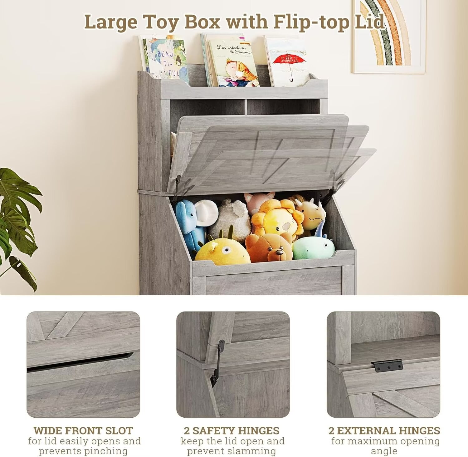 Kids Book shelf and Toy Storage Box, 3-layer Wooden Toy Storage Box with Flip Storage Box and 2-layer Children's Bookshelf, Suitable for Playroom, Bedroom Living Room, Kindergarten, Grey