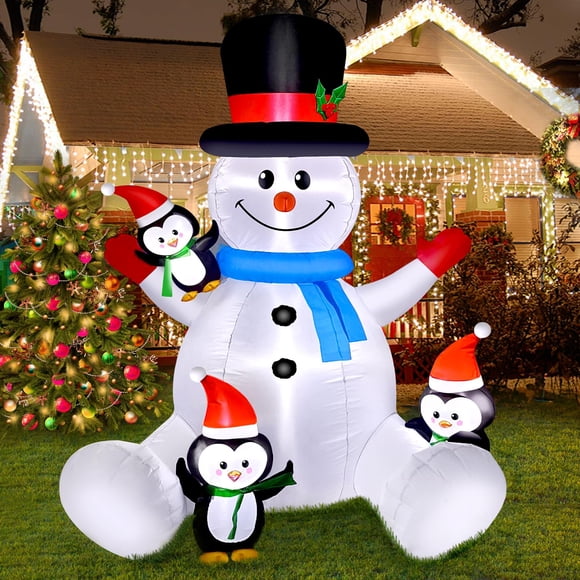 Muñeco de Nieve Inflable Mukum de 187 cm con Pingüinos y LED para Navidad