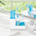 thumbnail image 2 of Plated Toothbrush and Toothpaste Holder - Storage Organizer Stand with 4 Compartments for Bathroom Countertop - Holders for Electric Toothbrush, Toothpaste - Hyde Collection - White/Chrome, 2 of 12