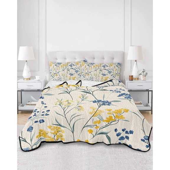 Quilts Full Size, Yellow Blue Flowers Soft Comforter Bedding Set for Bed, Watercolor Botanical Floral Plants Lightweight Quilted Bedspread with Pillow Cover(2 Pieces) for All Season, 78x90 Inch