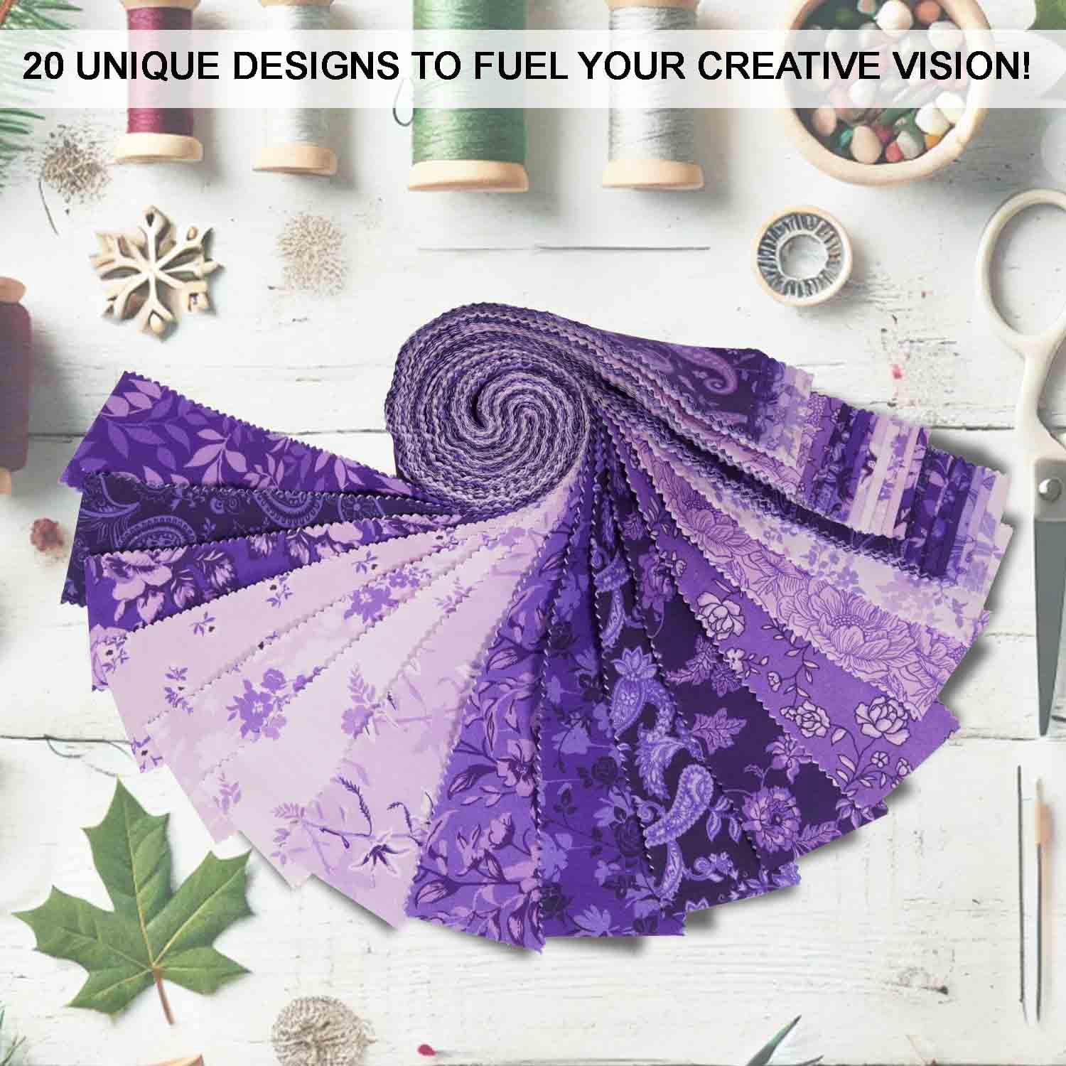 Jelly Roll 40 Strip Assorted Bundle, 2.5" Fabric Strips for Quilting, Crafting and Sewing, 100% Cotton Fabric Jelly Roll for Scrapbooking, Precut Quilt Projects, DIY Crafts - Purple Paisley Blooms