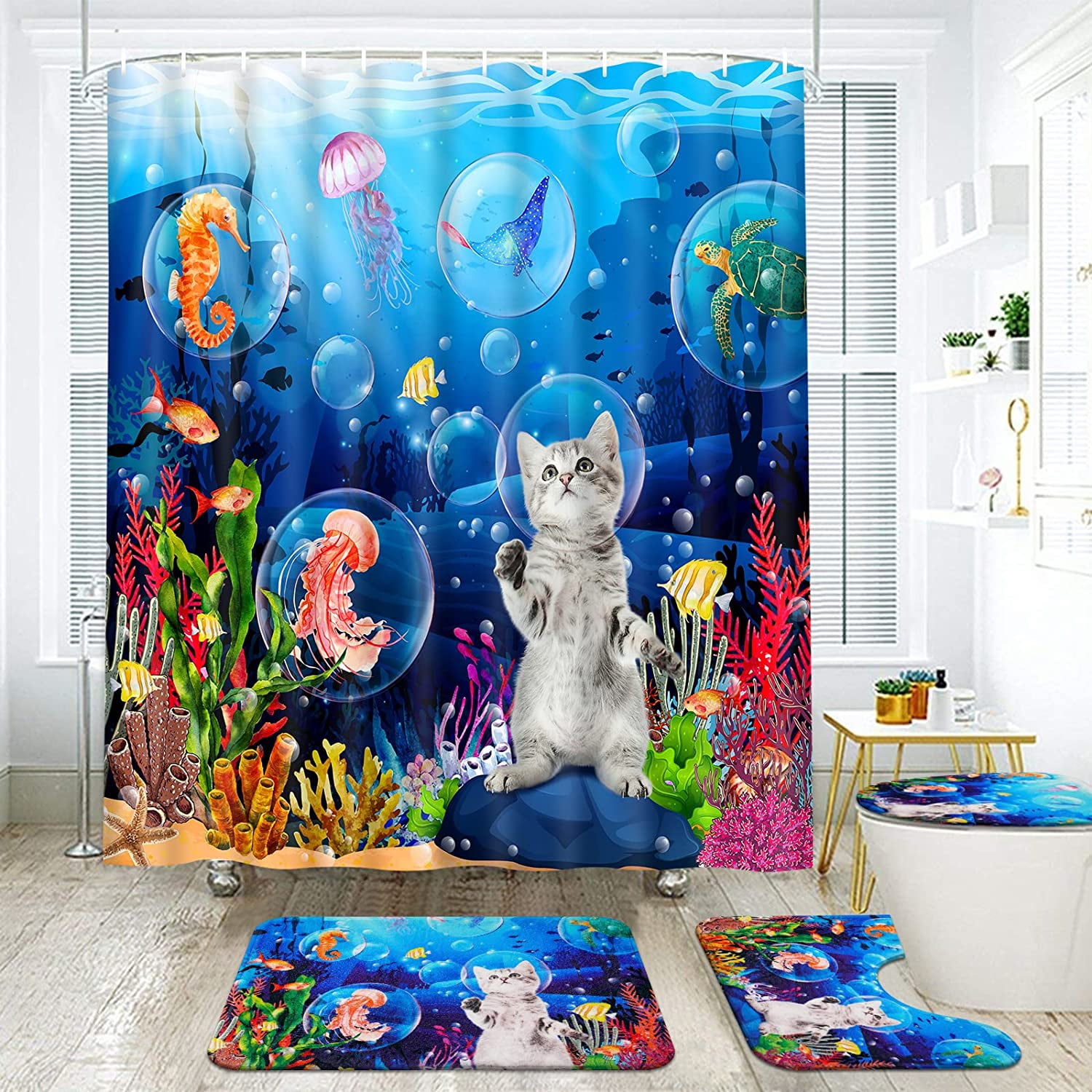 FRAMICS Cute Cat Shower Curtain and Rug Sets, Blue Ocean Pattern
