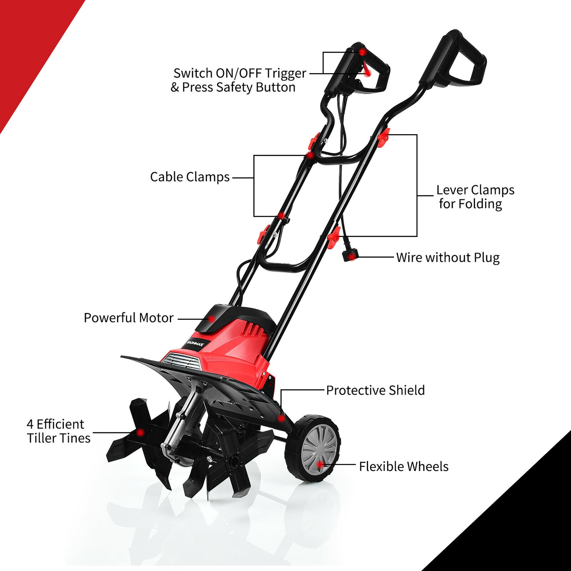 Costway 17-Inch 13.5 Amp Corded Electric Tiller and Cultivator 9'' Tilling Depth Red