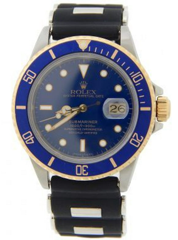 Pre-Owned Mens Rolex Two-Tone 18K/SS Submariner Watch Blue 16803 with Rubber Strap