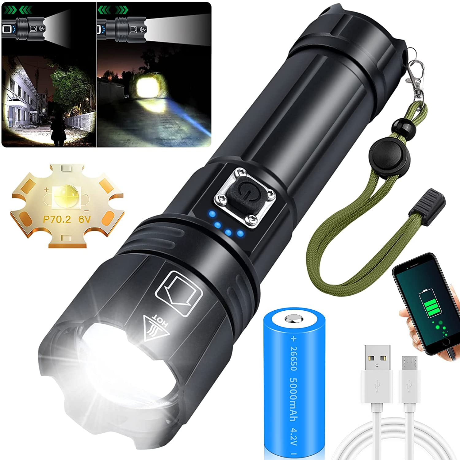 990000Lumens XHP70 LED Flashlight Zoom USB Rechargeable P70 Torch 26650 light