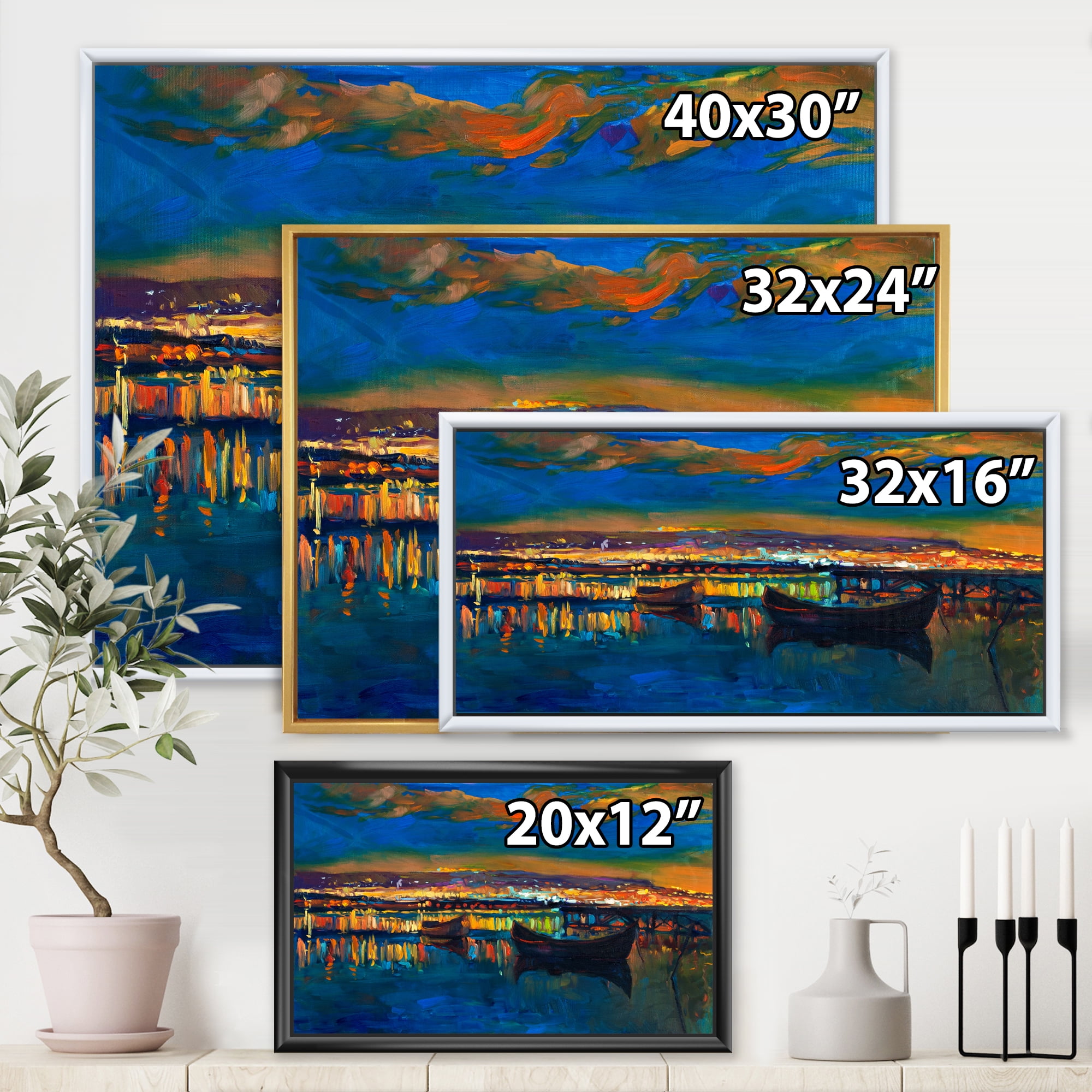 Two Little Boats In The Village Harbor At Night 32 in x 16 in Framed Painting Canvas Art Print, by Designart