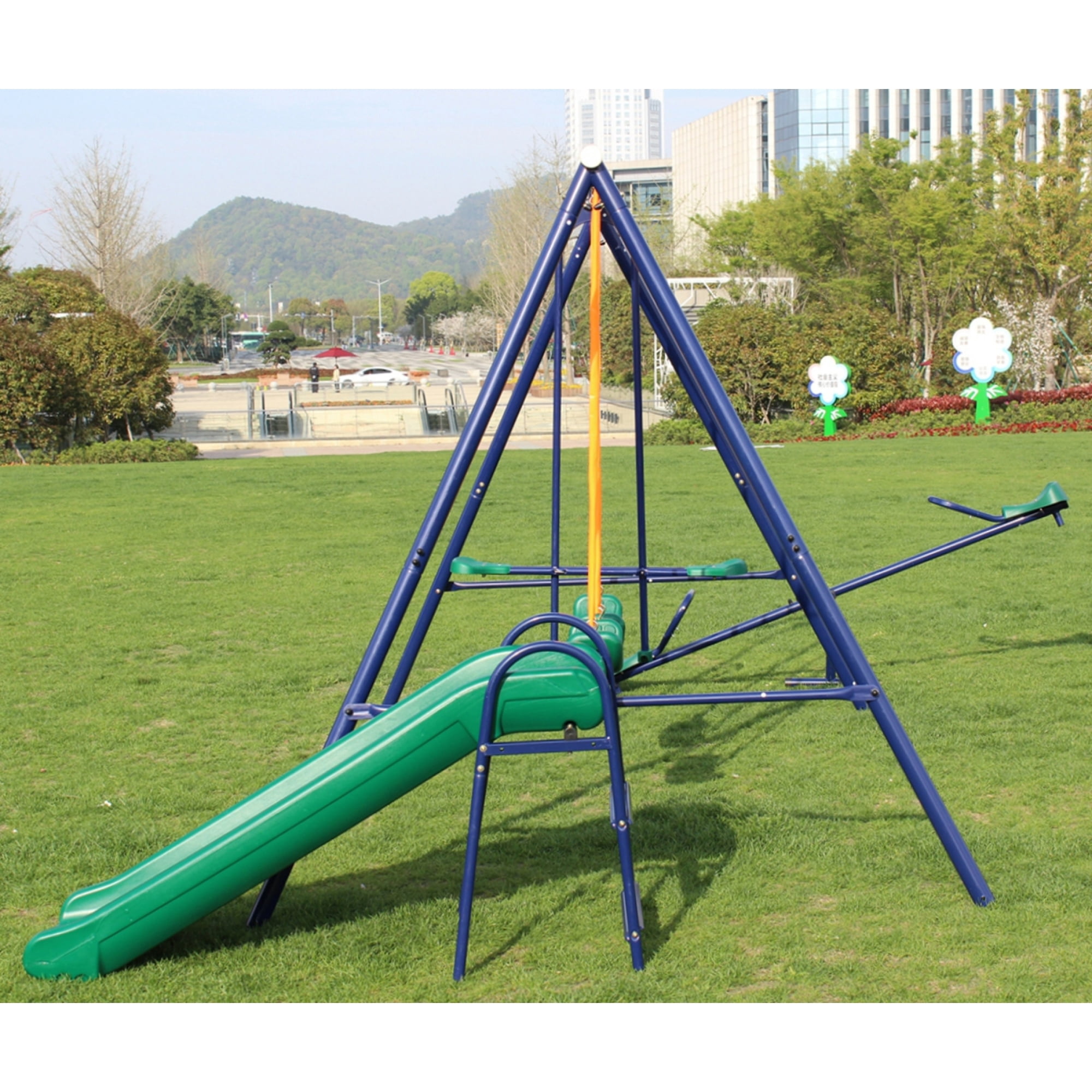 4 in 1 Swing Set for Outside, Heavy Duty A-Frame Metal Swing Set with Seesaw, Belt Swing, Slide, Glider for Playground, Backyard Playset