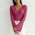 thumbnail image 2 of zaveiop Women's Long Sleeve Bodysuit Tops Wrap V Neck Ribbed Knit Jumpsuit (Hot Pink, M), 2 of 9
