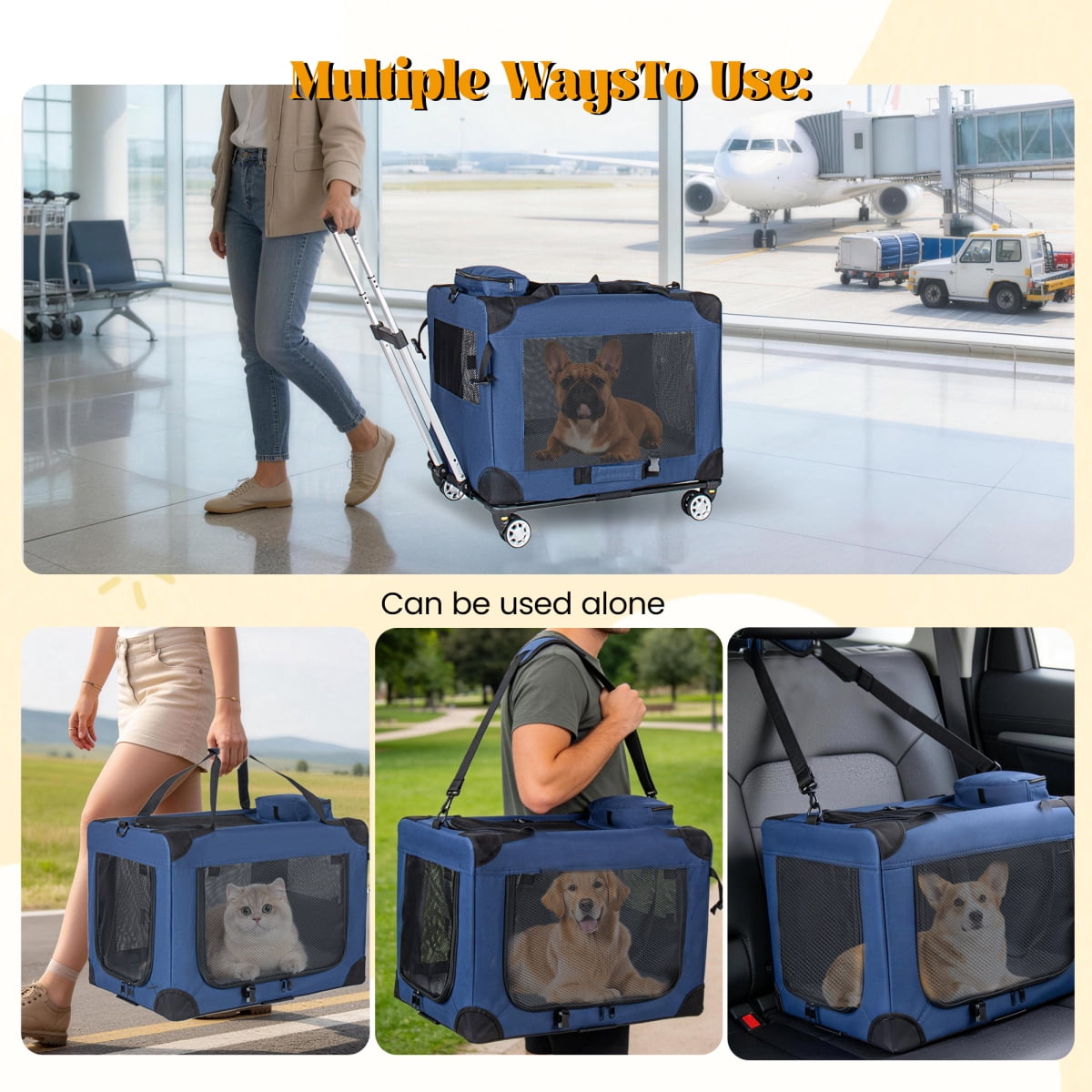 24" Collapsible Travel Dog Crate with Wheels, 3-Door Rolling Pet Carrier for Medium Large Dogs, Foldable Kennel with Mesh Windows (Dark Blue)