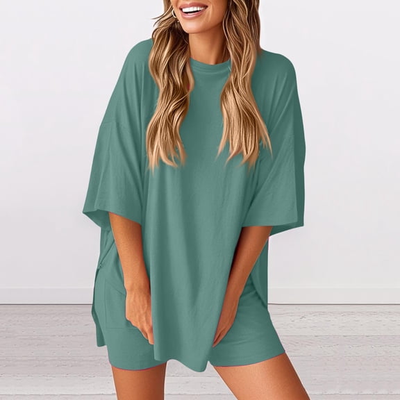 Women's 2 Piece Lounge Sets Casual Summer Airport Travel Outfits Oversized Shirts Biker Shorts Matching Clothing