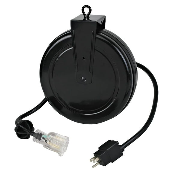 5020TFC Retractable Extension Cord Reel - 20ft Heavy Duty Industrial Cord - SJTOW 12 Gauge - Black