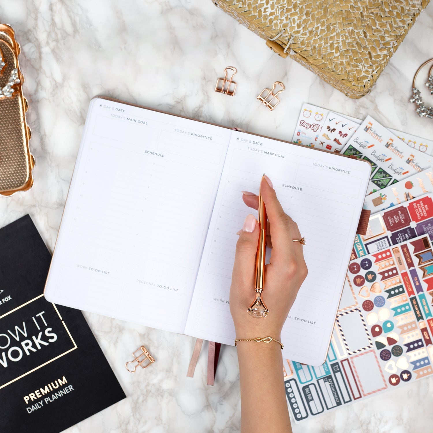 Clever Fox Planner Daily Premium Edition - Undated Luxurious Daily Planner with Hourly Schedule, Personal Organizer, Productivity & Goal Journal, Start Anytime, A5-sized, Lasts 6 Months - Rose Gold