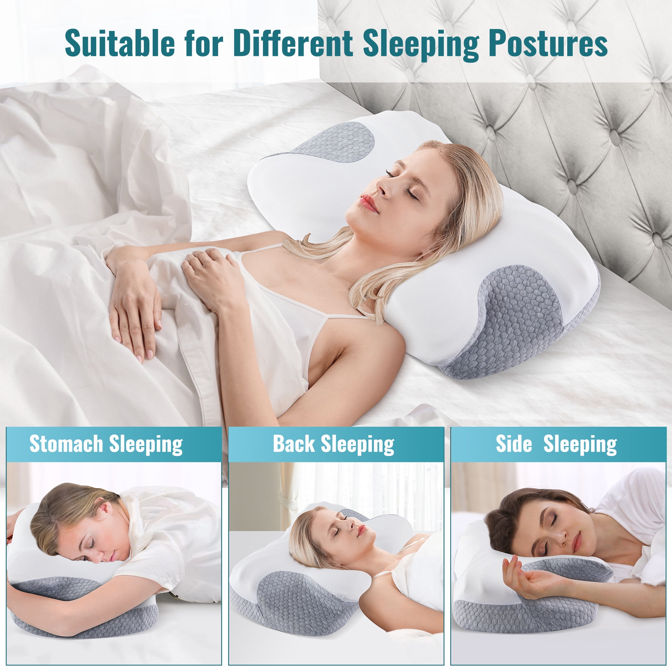 ENERFACE Ergonomic Memory Foam Neck Pillow for Pain Relief, Orthopedic Cervical Pillow for Side, Back & Stomach Sleepers with Breathable Washable Cover, Gray+White