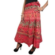 Mogul Women's Indian Long Wrap Around Skirt Cotton Red Printed Beach Cover Up