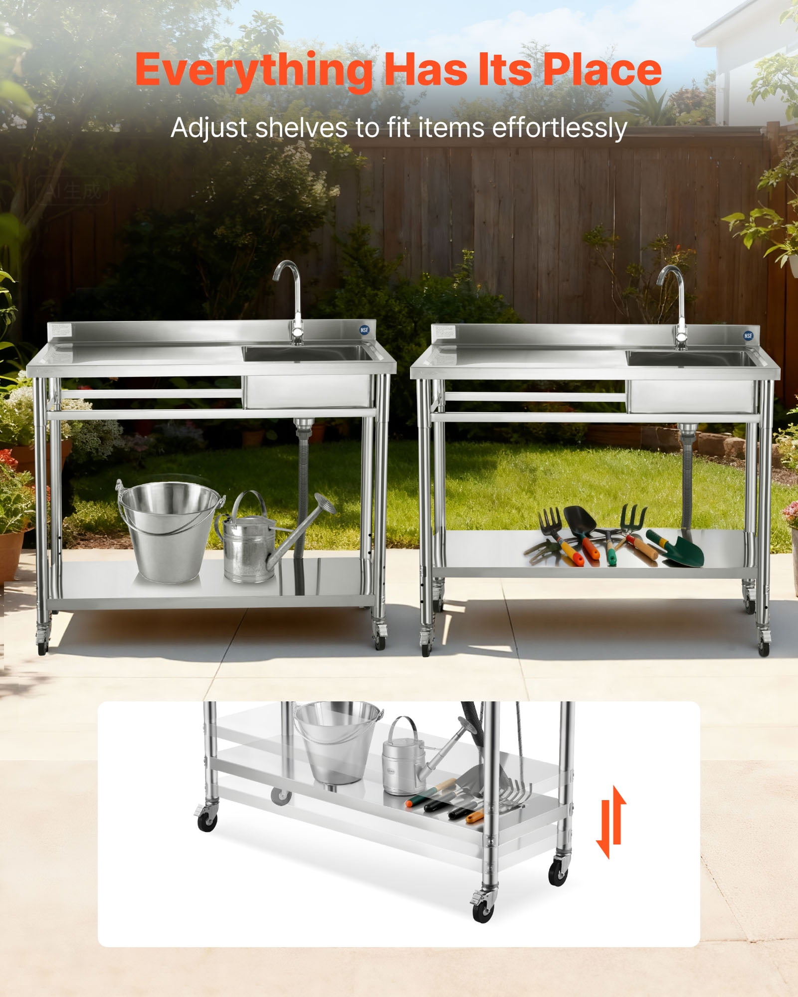 VEVOR Stainless Steel Utility Sink,Rolling Single Bowl Commercial Kitchen Sink with Wheels,Faucet and Hot & Cold Water Pipe,Utility Basin Workbench for Garage Restaurant Laundry 47.2 x 19.7 x 41.5 in