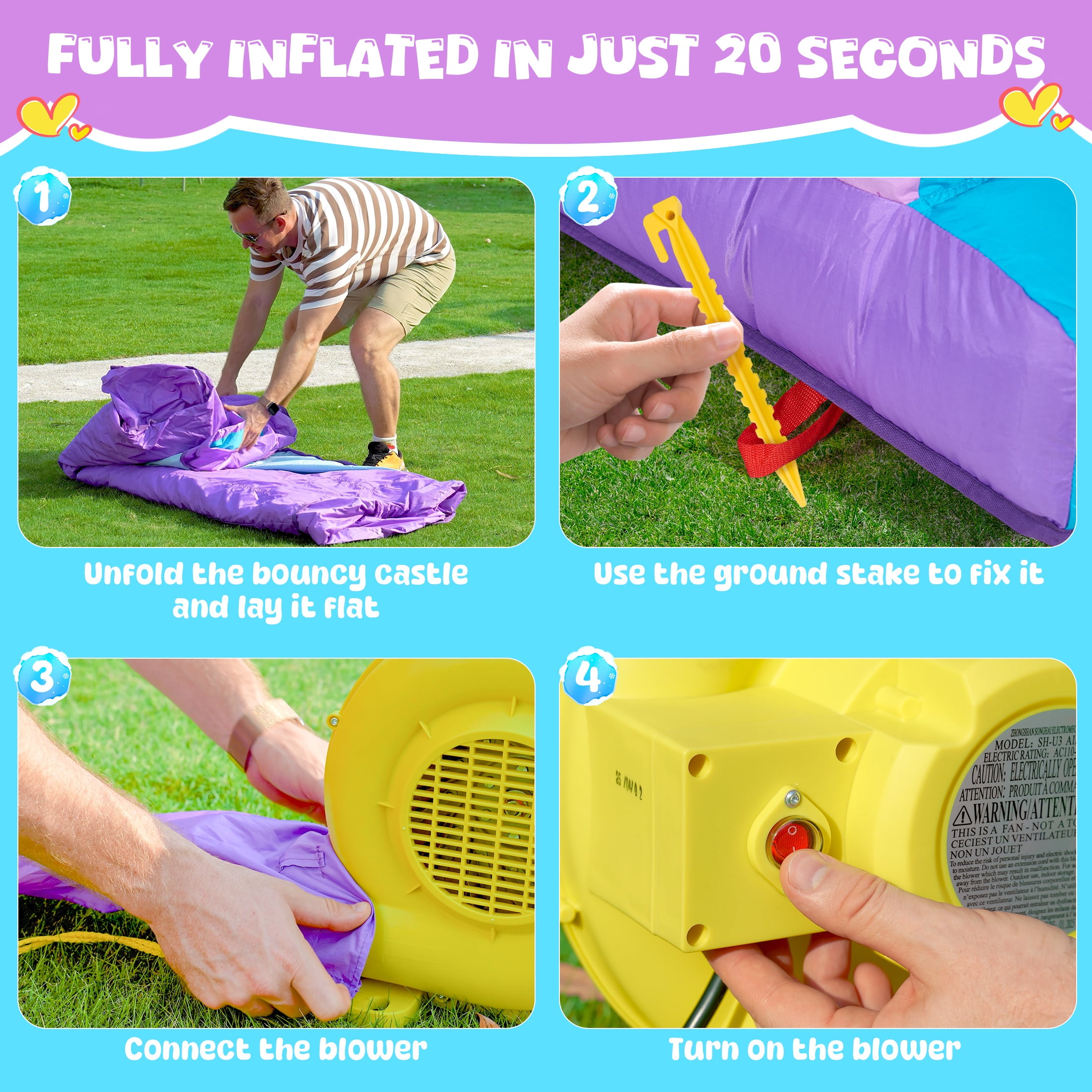 Bounce House with Blower, 6 in 1 Outdoor Inflatable Bounce Castle with Slide/Basketball Hoop/Ball Pit/Ring-toss Game/Pitching Game, Jump House for Kids Toddlers Ages 3-12