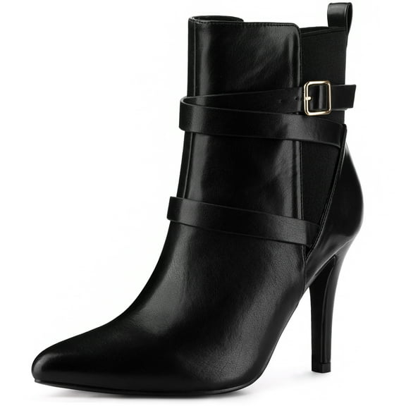 Unique Bargains Pointy Toe Elastic Cross Straps Stiletto Heel Ankle Boot for Women Black 9
