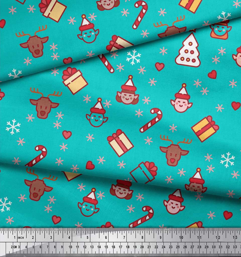 Soimoi Green Viscose Chiffon Fabric Christmas Theme Party Printed Fabric 1 Yard 42 Inch Wide