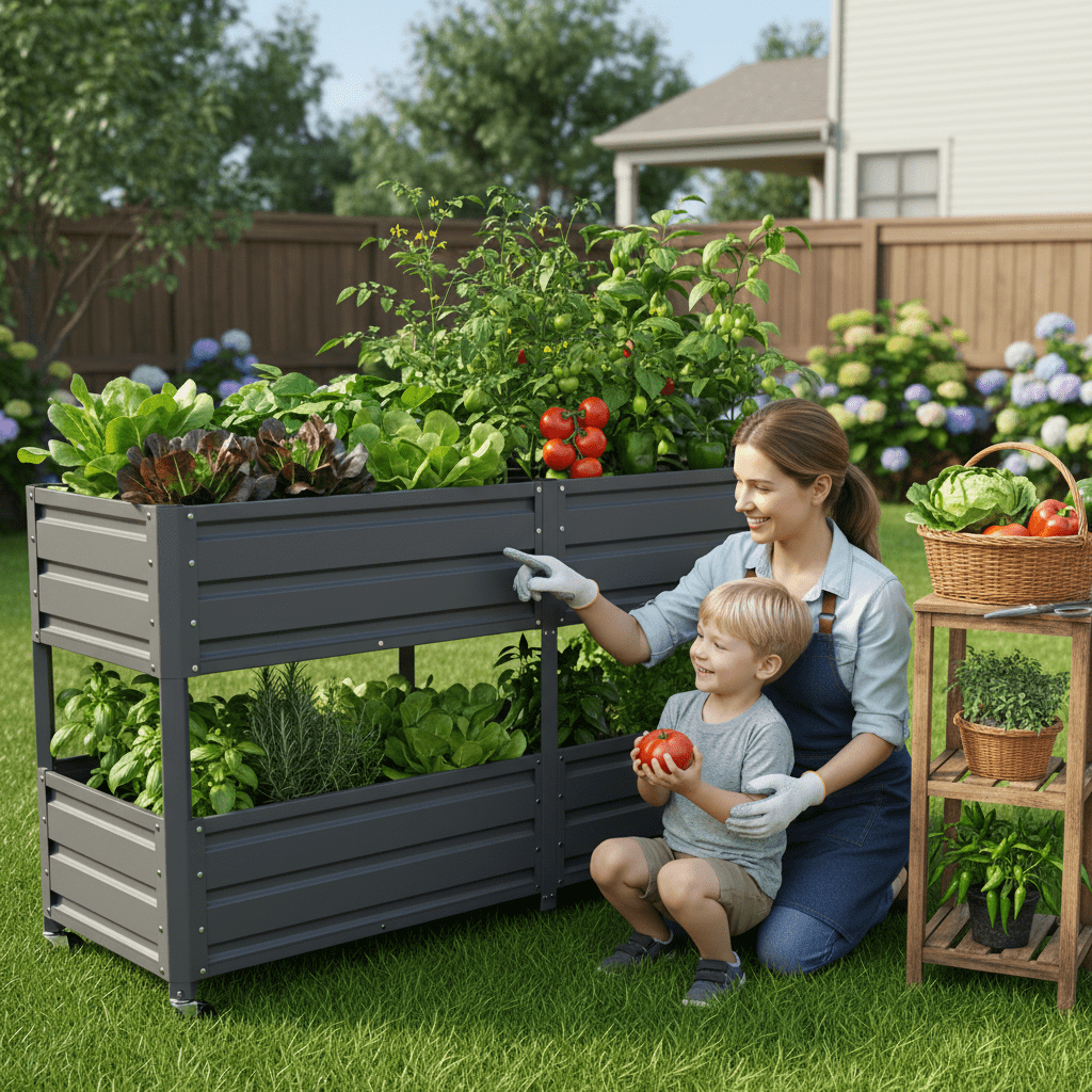 Mintazer 2-Tier Elevated Metal Raised Garden Bed with Lockable Wheels, 2-Layer Raised Planter Box for Backyard Patio Balcony Greenhouse, Dark Gray