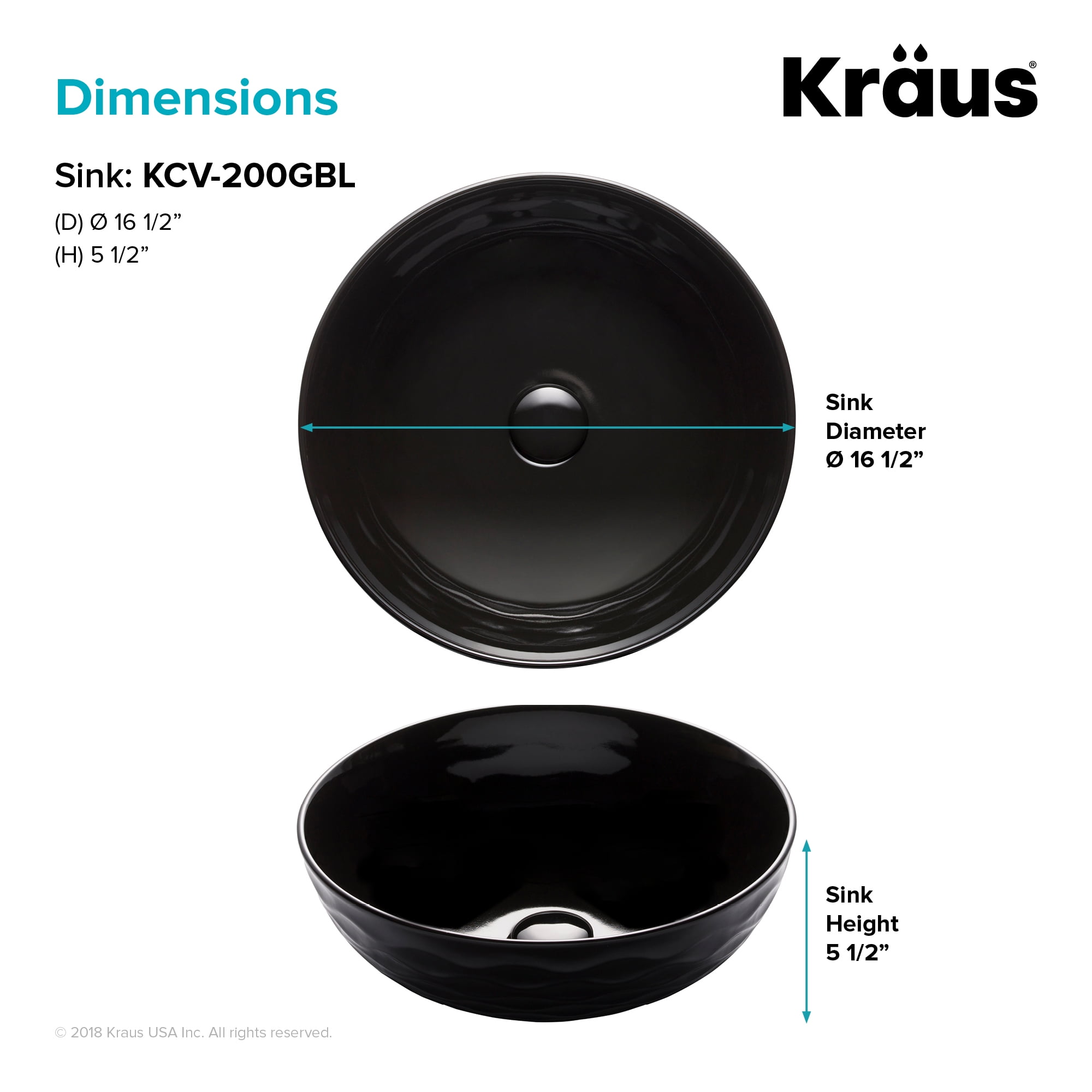 KRAUS Viva Round Black Porcelain Ceramic Vessel Bathroom Sink, 16 1/2 in. D x 5 1/2 in. H