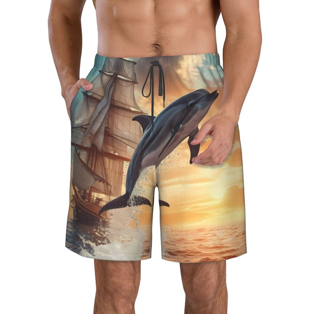Sikiie Sailing Dancing Dolphin Print Men's Beach Shorts, High Elastic Quick-drying Shorts - with Drawstring and Slip Pockets, Suitable for Beach, Sports, Vacation-Large