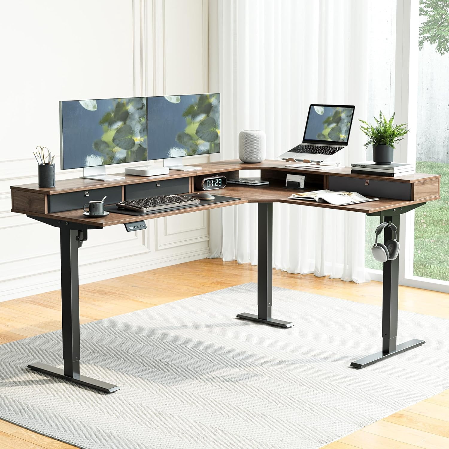 DESINO L Shaped Standing Desk, 63 inch Electric Height Adjustable Home Office Desk with Drawers, Large Ergonomic Computer Desk with Reversible Tabletop, 2 Memory Height Settings, Black Walnut