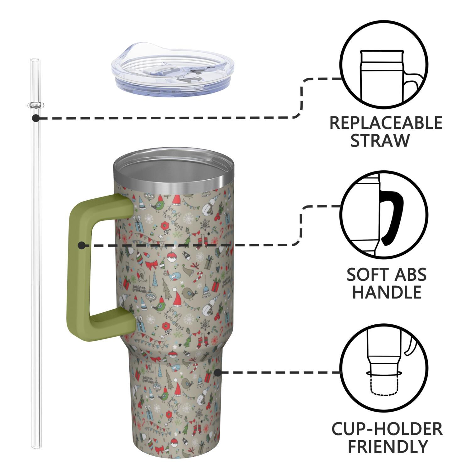 Gray Christmas Icon Pattern Tumbler with Handle and Lid,40oz Double Wall Vacuum Insulated Tumbler,Cups Gift for Women and Men