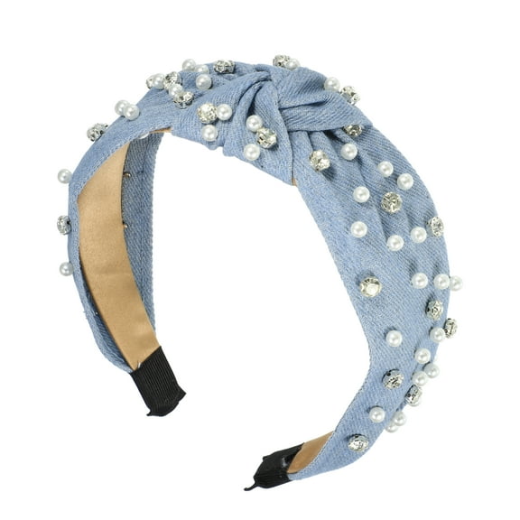Unique Bargains Pearly Rhinestones Crystal Knotted Women Headband Classic Casual Style Headband Light Blue 5.31"x1.97"