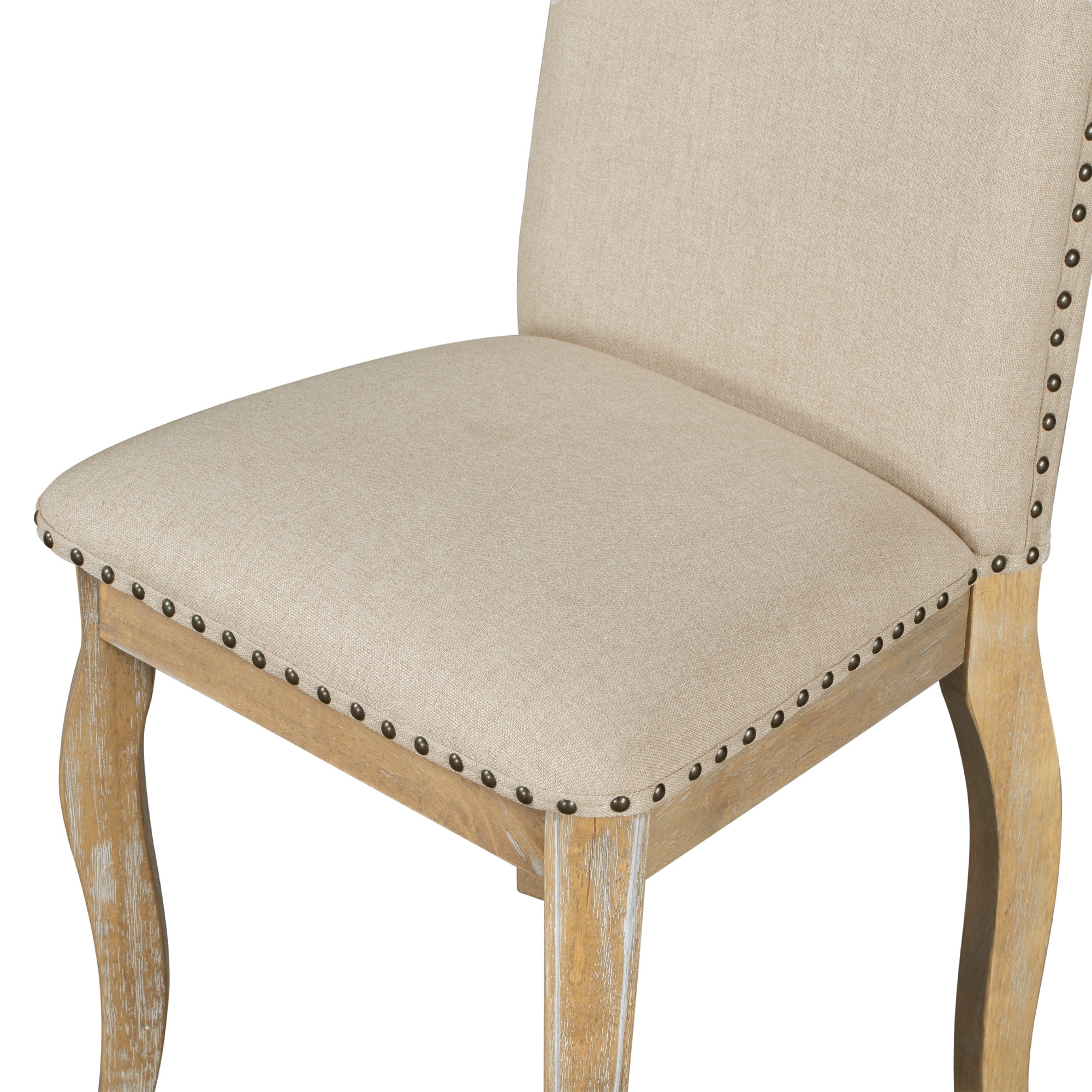 PORKISS Set of 2 Dining Chairs, High Back Upholstered Kitchen Chairs with Solid Wood Frame, Curved Legs and Bronze Nailhead Trim, Natural Finish with White Fabric