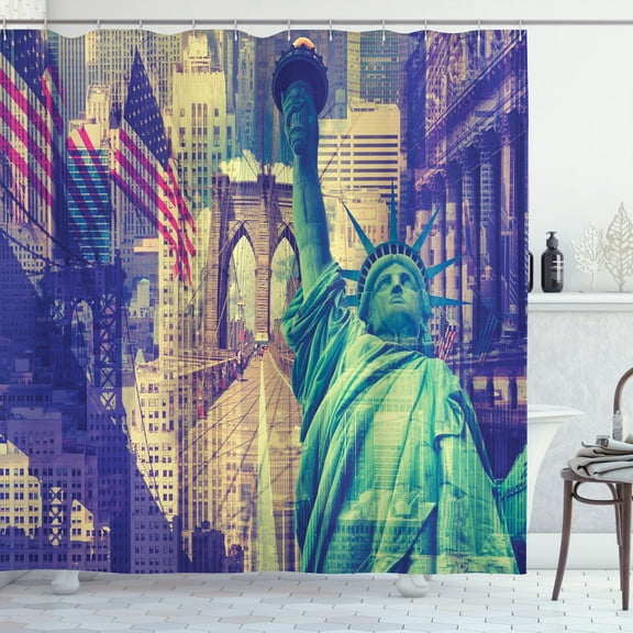 Ambesonne American Shower Curtain, New York Landmarks Flag, 69"Wx70"L, Blue Red White