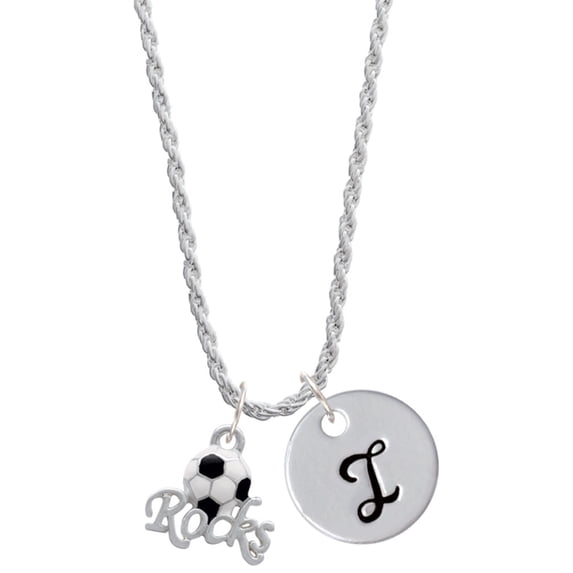 Delight Jewelry Silvertone Enamel Soccer ball ''Rocks'' Silvertone Script Initial Disc - I - Charm Necklace, 20"+3"