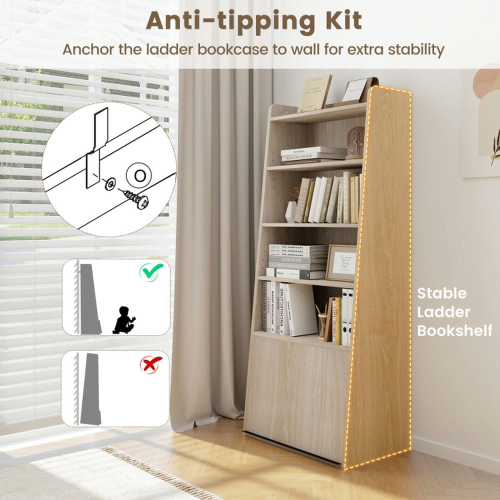 Demi Bonn 6-Tier Bookcase with 2 Adjustable Shelves and Flip Up Door, Freestanding Ladder Bookshelf, Brown