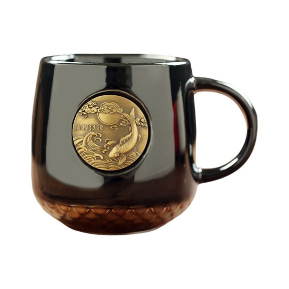 Ceramic Coffee Mug With Embossed Metal Medallion And Textured Base For Tea Water Office Home Use