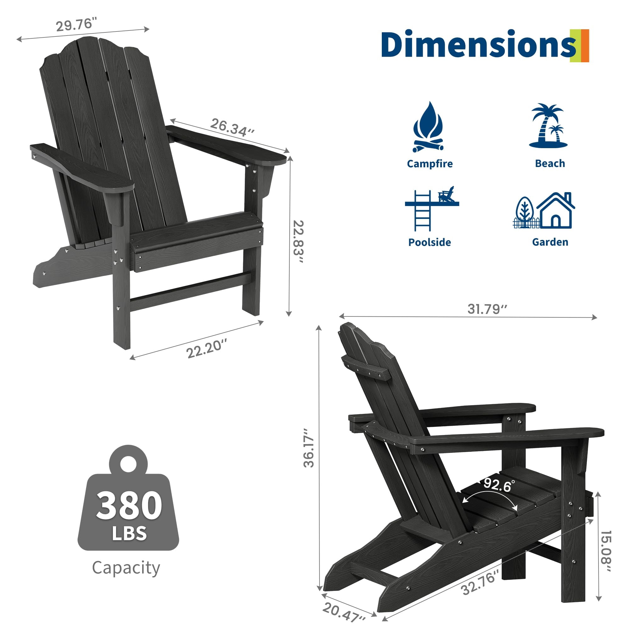 HDPE Adirondack Chair Set of 2, Wood Texture Patio Furniture, Outdoor Lawn Chair for Garden Backyard Deck Poolside