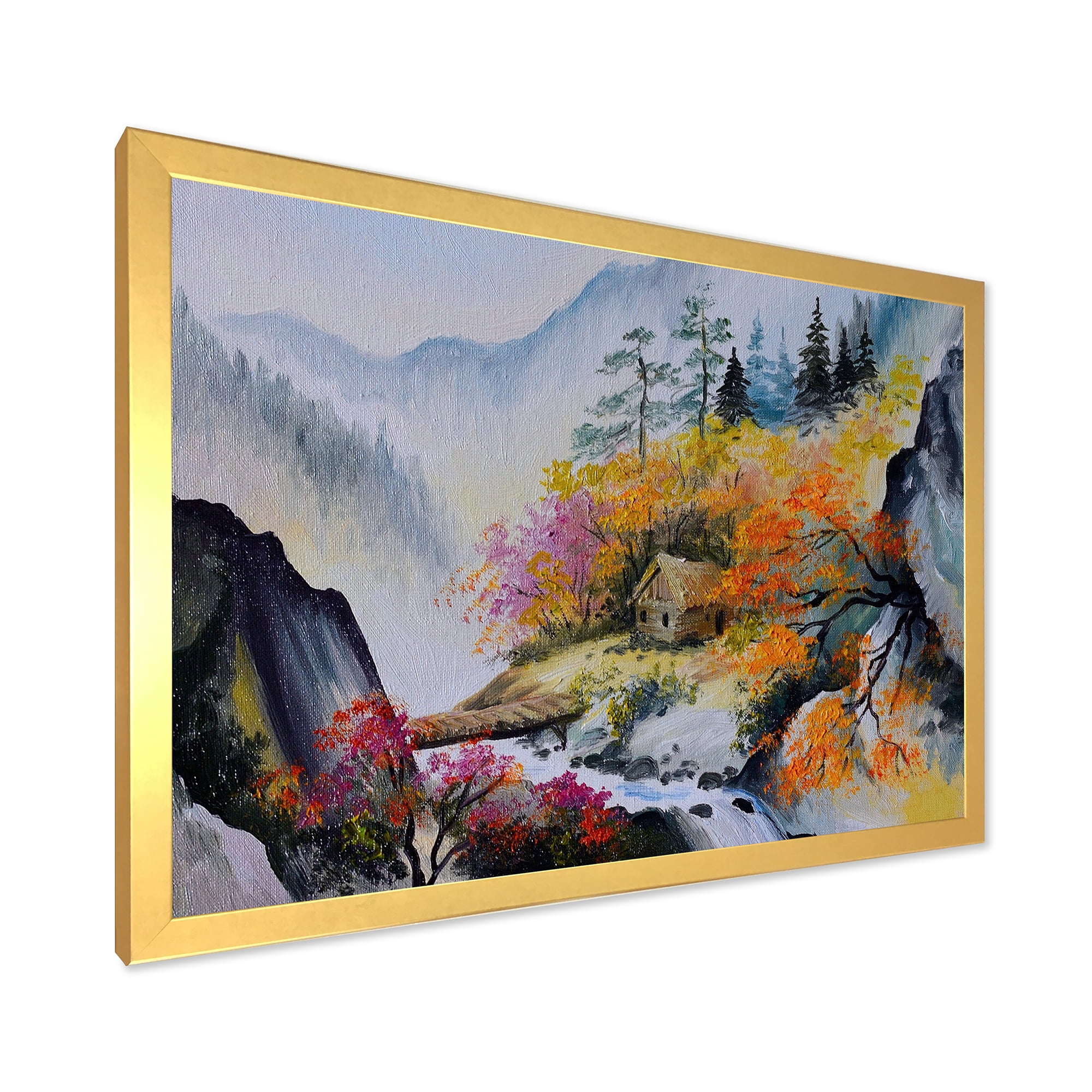 Designart 'VIbrant Mountain Landscape With Little House' Traditional Framed Art Print