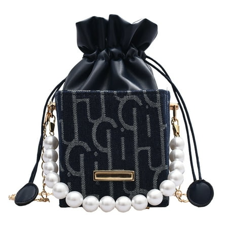 MI-YU-KI Women Drawstring Pocket Shoulder Bags Square Box Pearl Chain Small Handbag