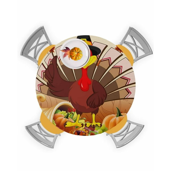 Round Tablecloth with Elastic Fall Thanksgiving Turkey Pumpkin Waterproof Stain-proof Table Cover Wipeable Fitted Table Cloths for 36"-44" Round Tables Dining Kitchen