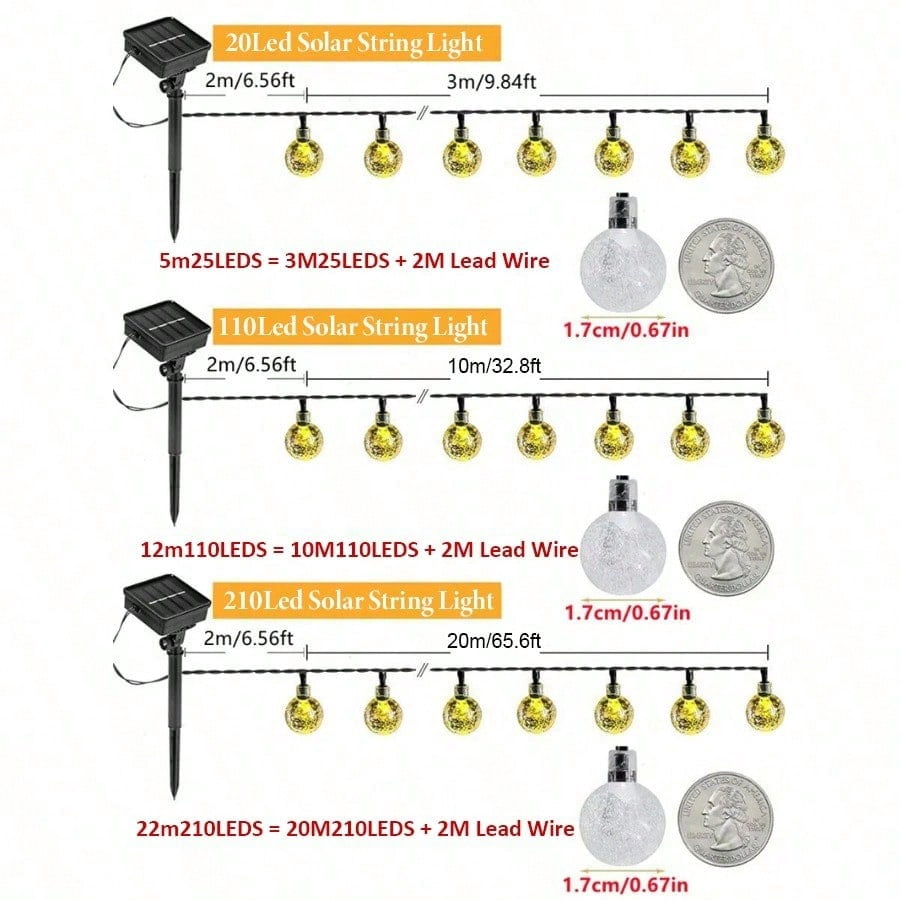 LED Solar String Lights Outdoor Crystal Ball String Light 8 Modes Lighting Solar Camping Lamp for Halloween Christmas Decoration