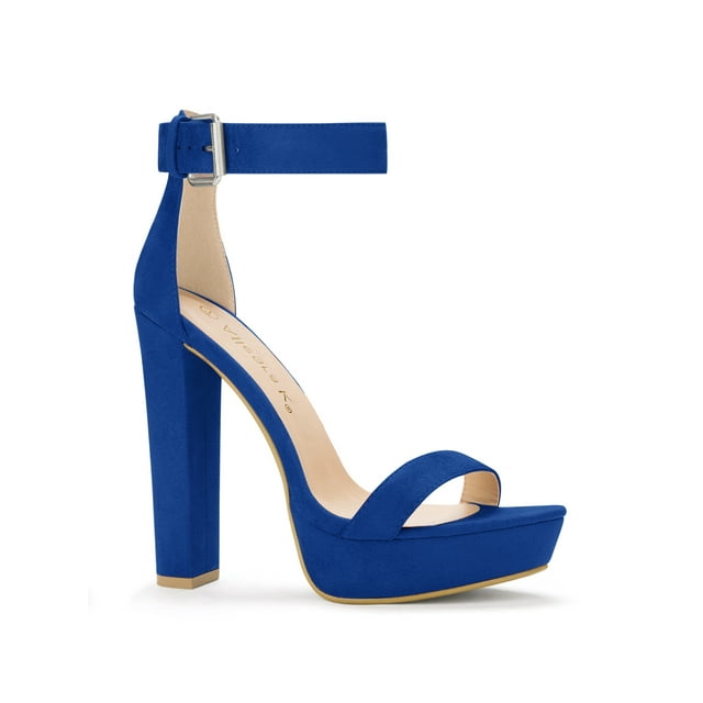 BLISSFUL STEP Women's Shoes Faux Suede Ankle Strap Open Toe High Chunky Heel Platform Sandals Royal Blue 8