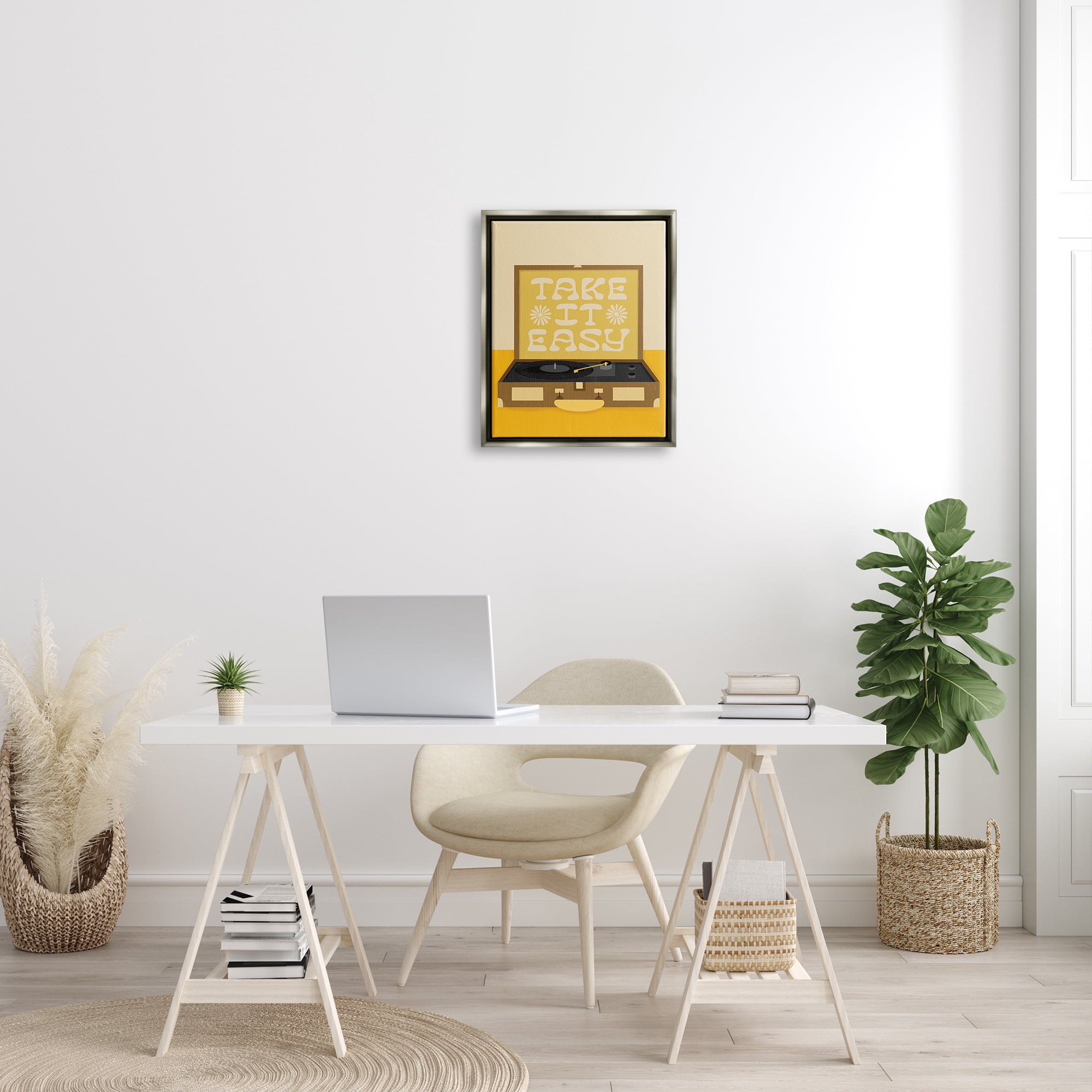 Stupell Industries Take it Easy Motivational Vintage Boho Record Player Luster Gray Framed Floating Canvas Wall Art, 16x20, by Jaylnn Heerdt