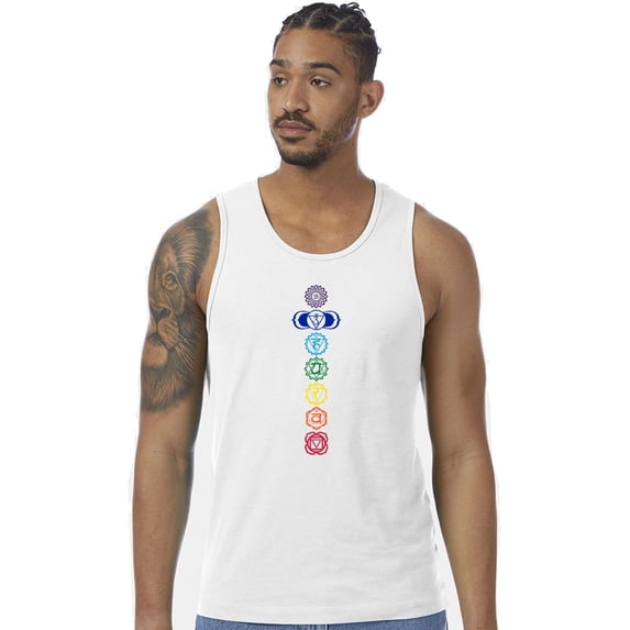 Mens 7 Colored Chakras 100% Cotton Yoga Tank Top Shirt, XL White