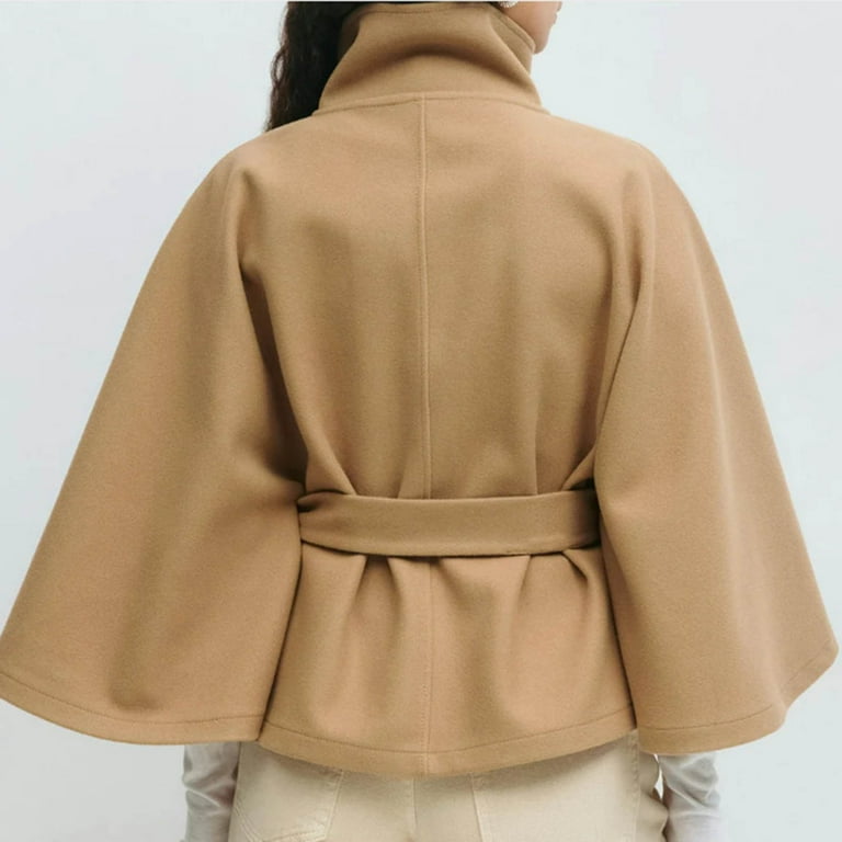 Women's Wool Blend Cape Coats Elegant Long Sleeve Stand Collar