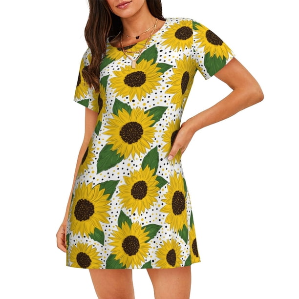 Disketp Sunflowers para Camisón Corto de Manga Corta para Mujeres, Camisón Cómodo con Escote Redondo, Bonito y Confortable