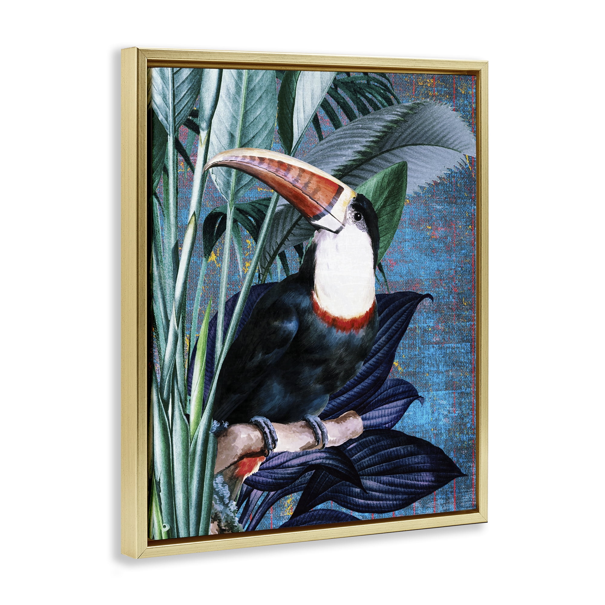 Stupell Industries Smiling Toucan on Branch Animals Painting Gold Floater Framed Canvas Art Print Wall Art, 17 x 21
