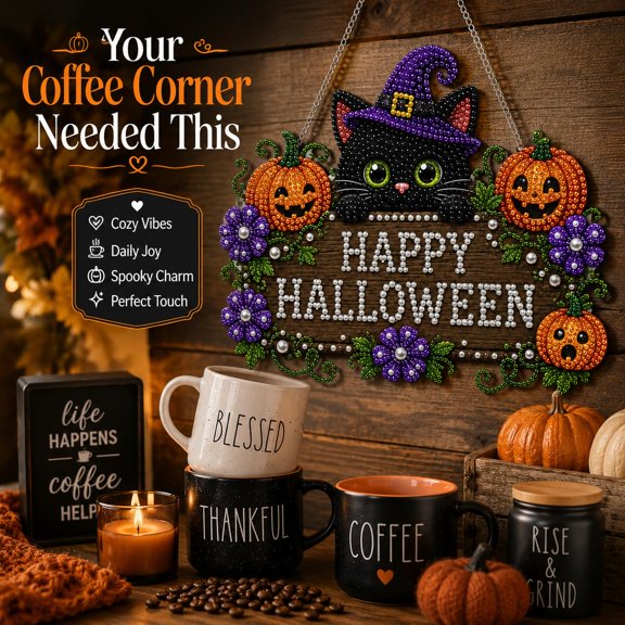 WEEEANT Happy Halloween Diamond Art Hanging Sign, DIY Rhinestone Crystal Painting Kit with Black Cat and Pumpkins for Home Wall Decor, 11.8 in