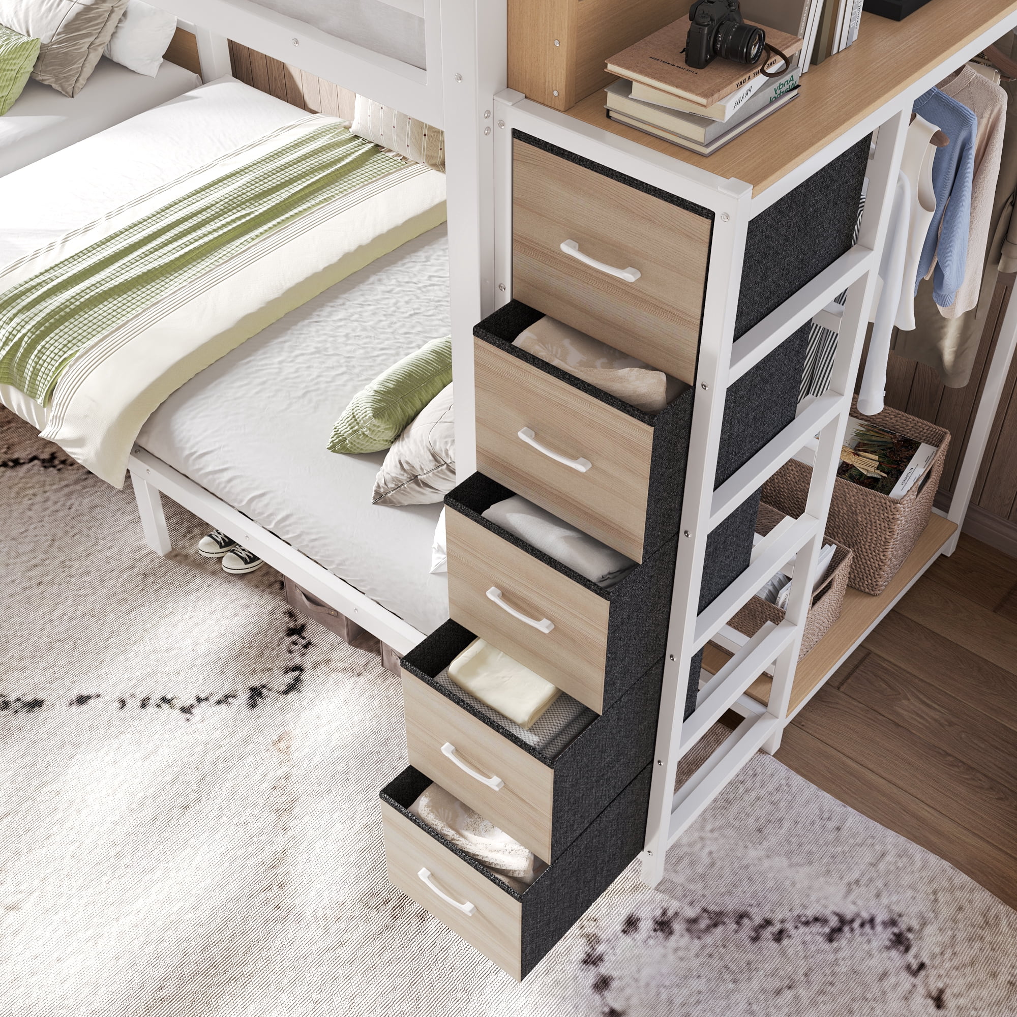 GARITIN Quad Twin Metal Bunk Bed 129.53 Inch, 4 Twin Bed Frame with Storage Drawers and Wardrobe for Kids Room, White